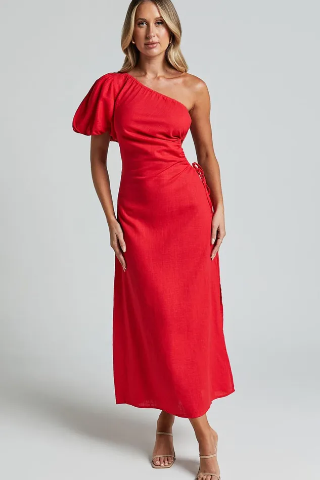 Victoria Midi Dress 8211 Linen Look One Shoulder Puff Sleeve Cut Out Dress In Red Women Showpo Dresses