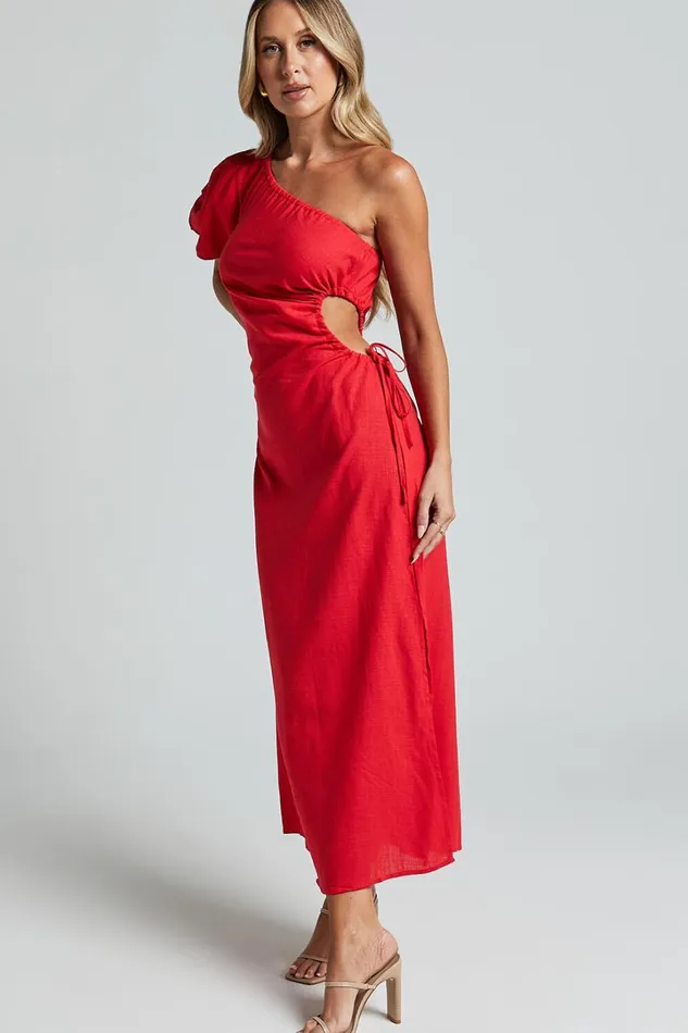 Victoria Midi Dress 8211 Linen Look One Shoulder Puff Sleeve Cut Out Dress In Red Women Showpo Dresses