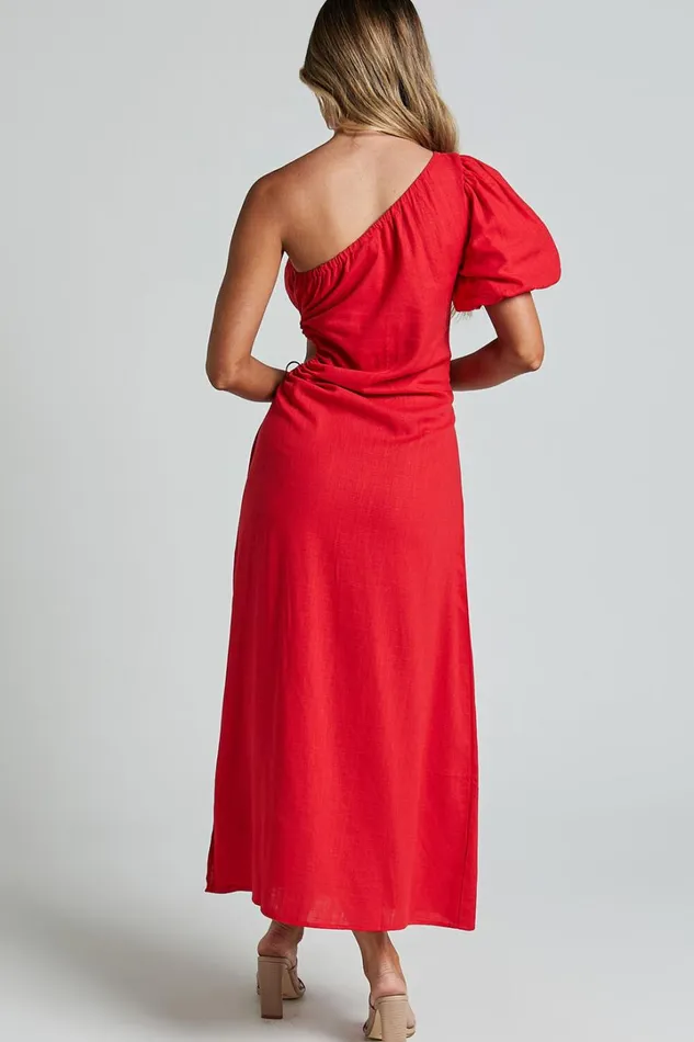 Victoria Midi Dress 8211 Linen Look One Shoulder Puff Sleeve Cut Out Dress In Red Women Showpo Dresses