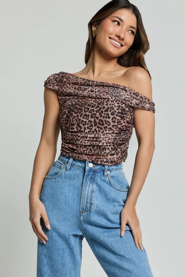 Vilma Top 8211 Off Shoulder Gathered Mesh Top In Leopard Print Women Showpo Tops