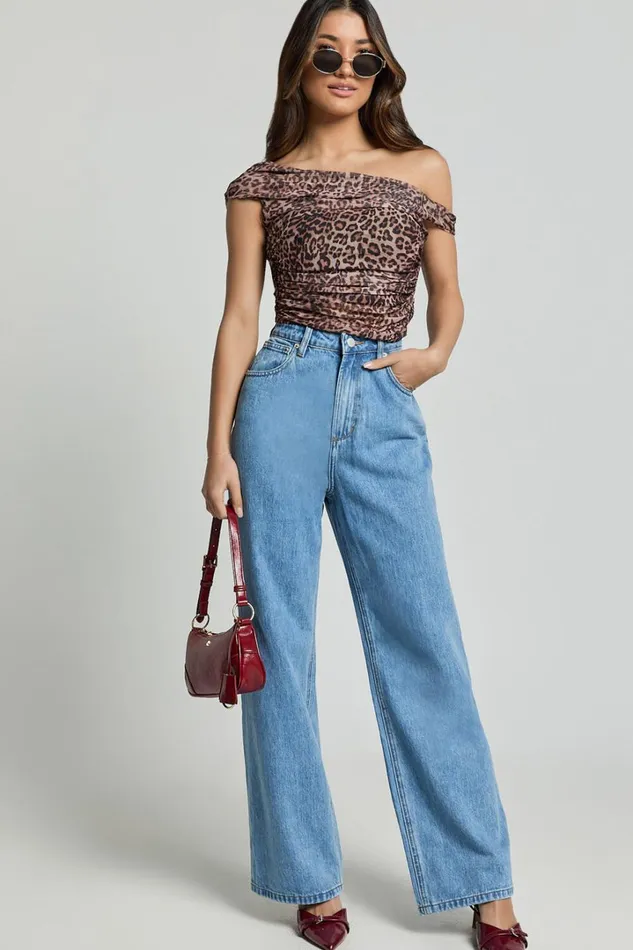 Vilma Top 8211 Off Shoulder Gathered Mesh Top In Leopard Print Women Showpo Tops