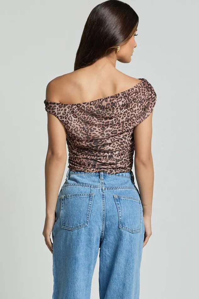 Vilma Top 8211 Off Shoulder Gathered Mesh Top In Leopard Print Women Showpo Tops