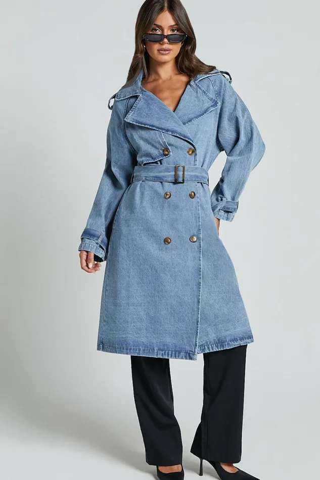 Vinnie Trench Coat 8211 Denim Washed Trench Coat In Mid Blue Women Showpo Denim