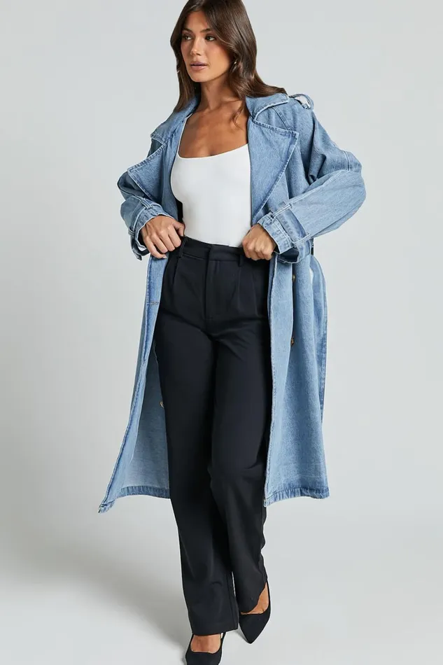 Vinnie Trench Coat 8211 Denim Washed Trench Coat In Mid Blue Women Showpo Denim