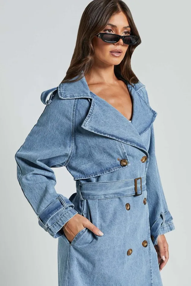 Vinnie Trench Coat 8211 Denim Washed Trench Coat In Mid Blue Women Showpo Denim