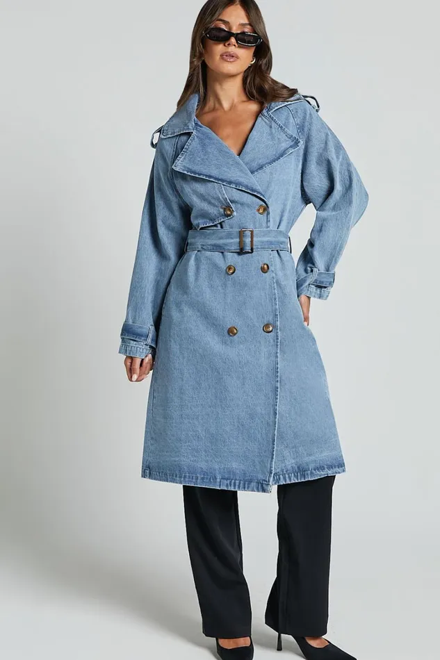 Vinnie Trench Coat 8211 Denim Washed Trench Coat In Mid Blue Women Showpo Denim