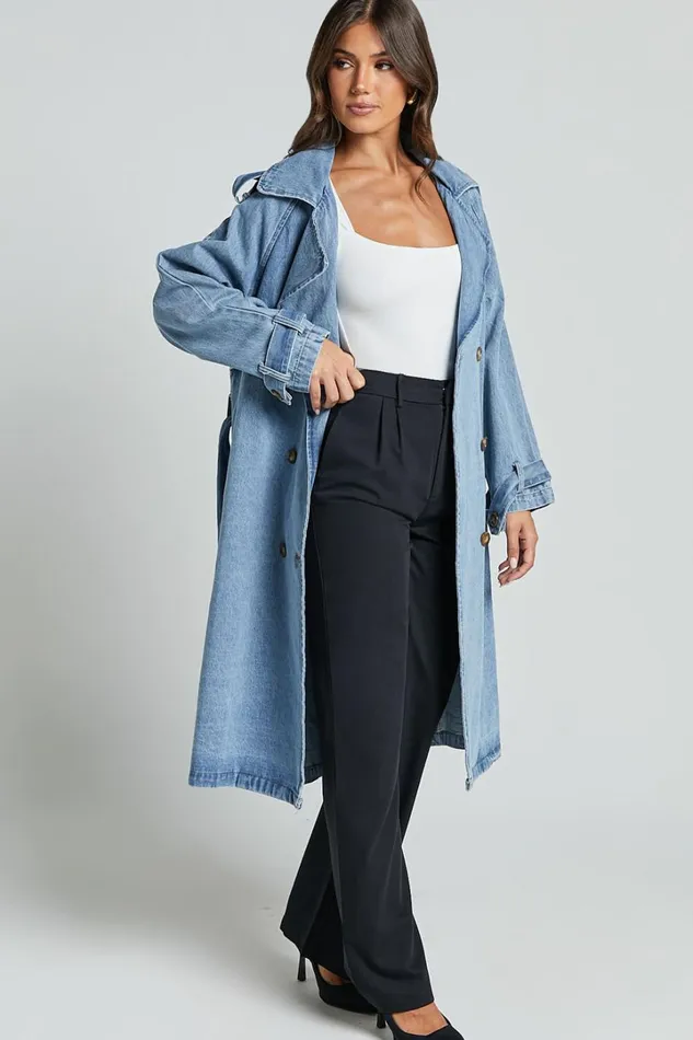 Vinnie Trench Coat 8211 Denim Washed Trench Coat In Mid Blue Women Showpo Denim