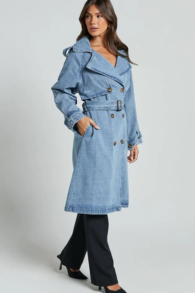Vinnie Trench Coat 8211 Denim Washed Trench Coat In Mid Blue Women Showpo Denim
