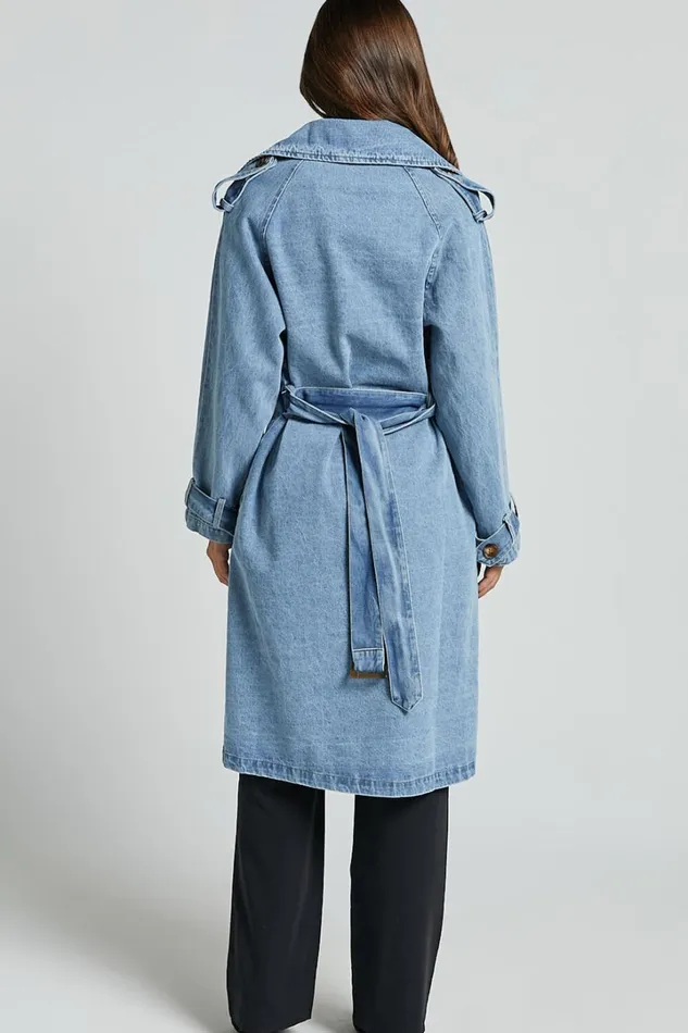 Vinnie Trench Coat 8211 Denim Washed Trench Coat In Mid Blue Women Showpo Denim