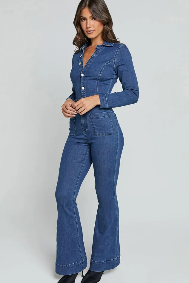 Vivi Jumpsuit 8211 Button Front Wide Leg Denim Jumpsuit In Indigo Wash Women Showpo Jumpsuits