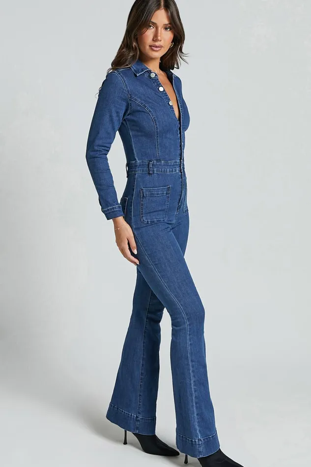 Vivi Jumpsuit 8211 Button Front Wide Leg Denim Jumpsuit In Indigo Wash Women Showpo Jumpsuits