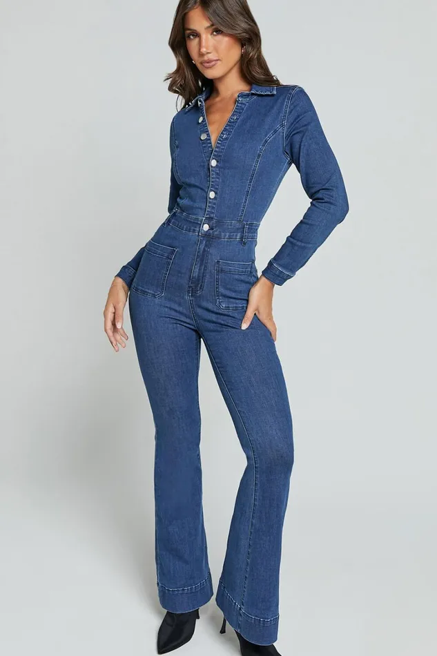 Vivi Jumpsuit 8211 Button Front Wide Leg Denim Jumpsuit In Indigo Wash Women Showpo Jumpsuits