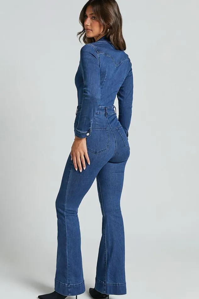Vivi Jumpsuit 8211 Button Front Wide Leg Denim Jumpsuit In Indigo Wash Women Showpo Jumpsuits