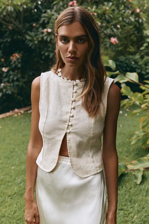 VRG GRL Celeste Linen Top Cream Women Vests