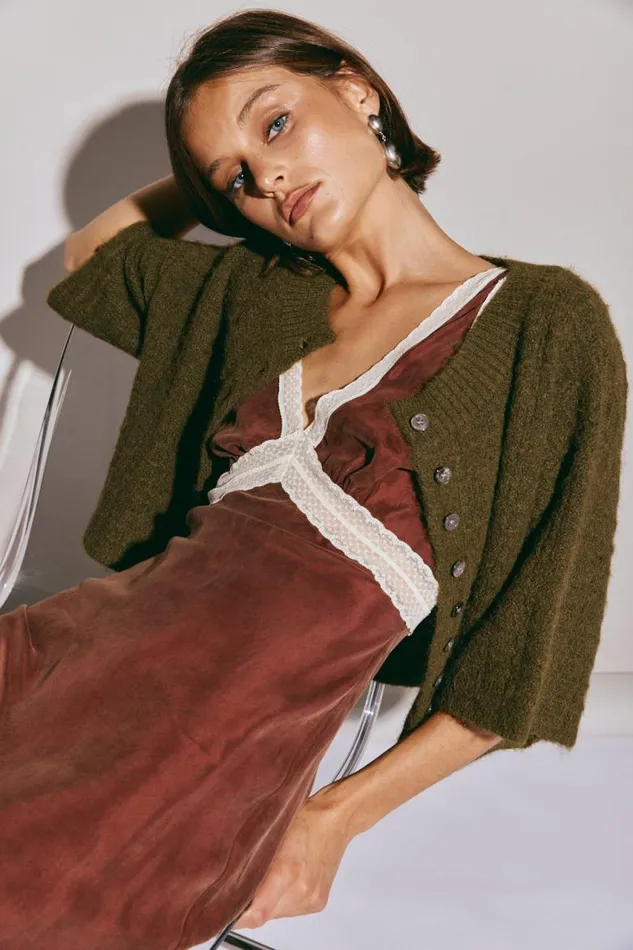 VRG GRL Hailey Knit Cardigan Khaki Women Cardigans
