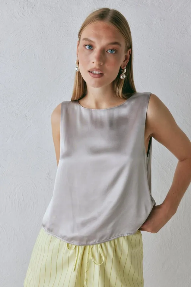 VRG GRL Lira Satin Top Silver Women Sleeveless