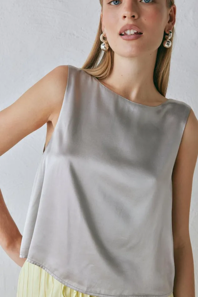 VRG GRL Lira Satin Top Silver Women Sleeveless