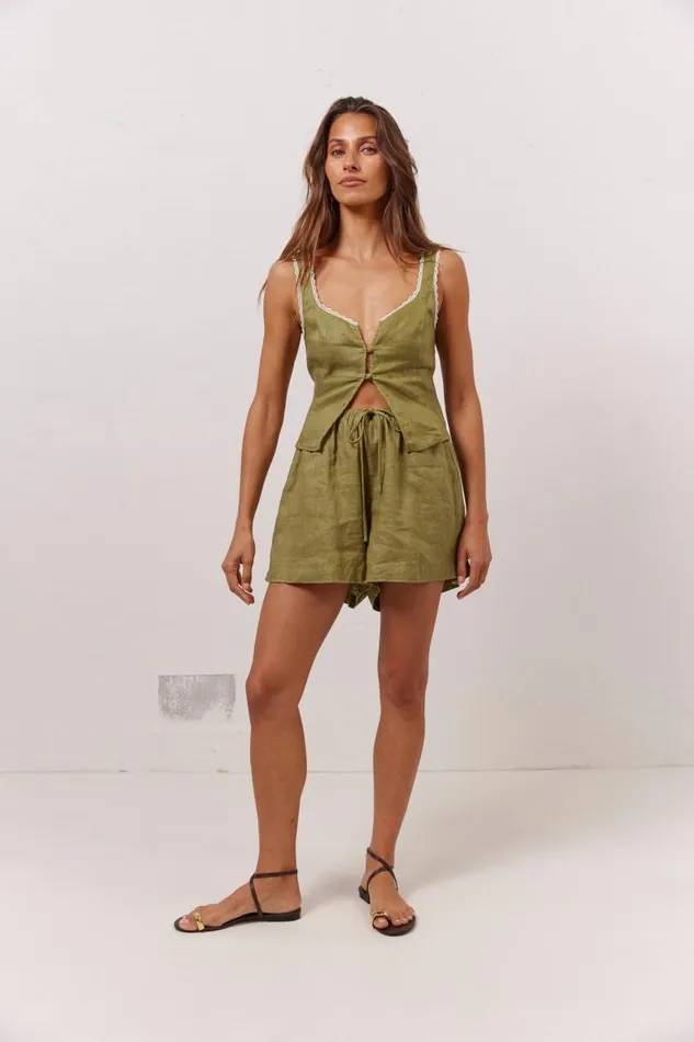 VRG GRL Love Language Linen Button Front Top Olive Women Sleeveless