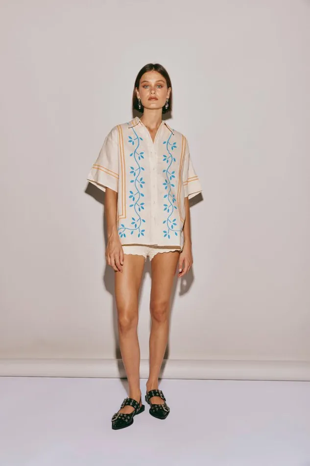 VRG GRL Sunsets In Capri Linen Shirt Natural Women Short Sleeve