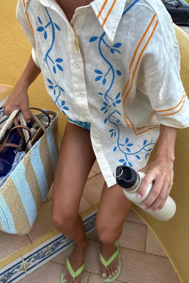 VRG GRL Sunsets In Capri Linen Shirt Natural Women Short Sleeve