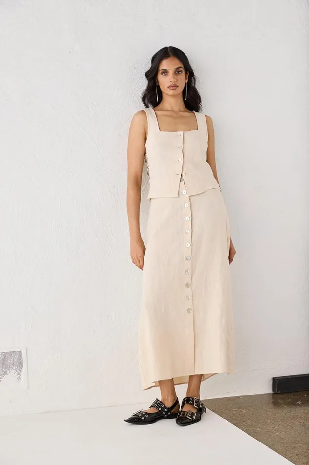 VRG GRL Thames Linen Midi Skirt Natural Women Skirts