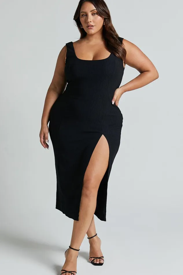 Wilder Midi Dress 8211 Textured Thigh Split Bodycon Dress In Black Women Showpo Basics
