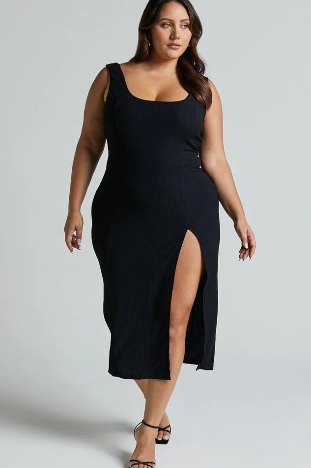 Wilder Midi Dress 8211 Textured Thigh Split Bodycon Dress In Black Women Showpo Basics