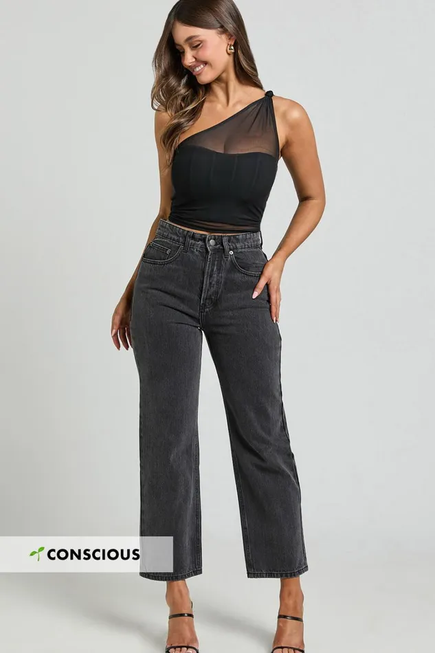 Wilkins Jeans 8211 High Waisted Straight Leg Cropped Hem Jeans In Washed Black Women Showpo Conscious Wilkins Jeans 8211 High Waisted Straight Leg Cropped Hem Jeans In Washed Black Women Showpo Conscious