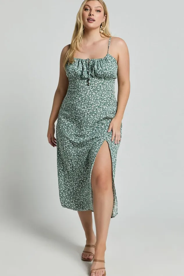 Willa Midi Dress 8211 Ruched Bust Thigh Split Dress In Olive Floral Women Showpo Curve Clothes