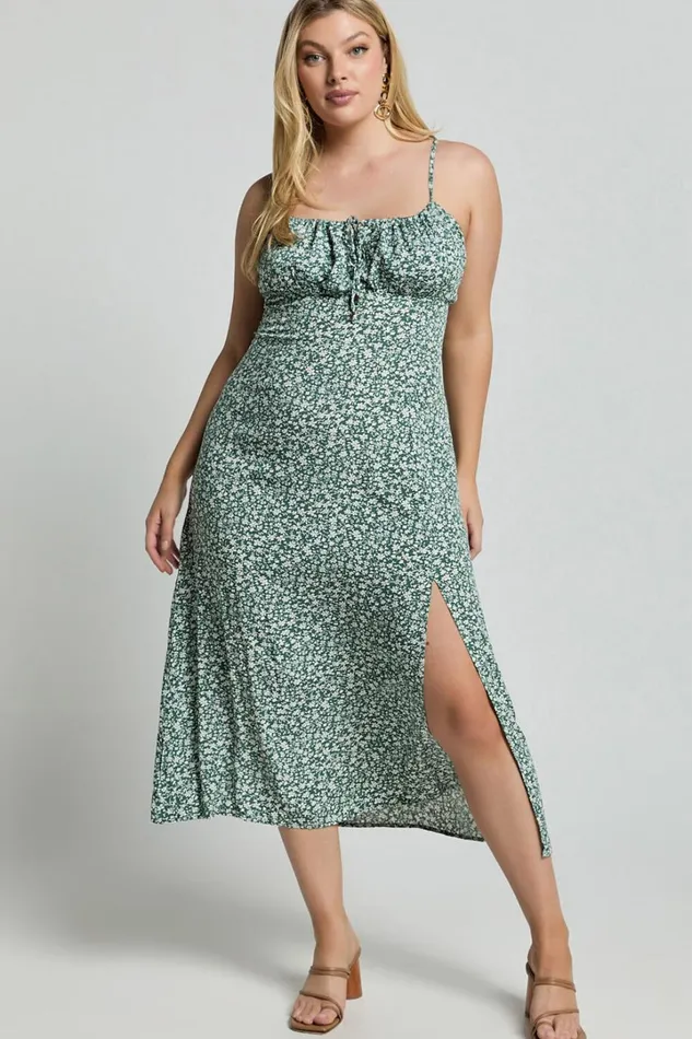 Willa Midi Dress 8211 Ruched Bust Thigh Split Dress In Olive Floral Women Showpo Curve Clothes