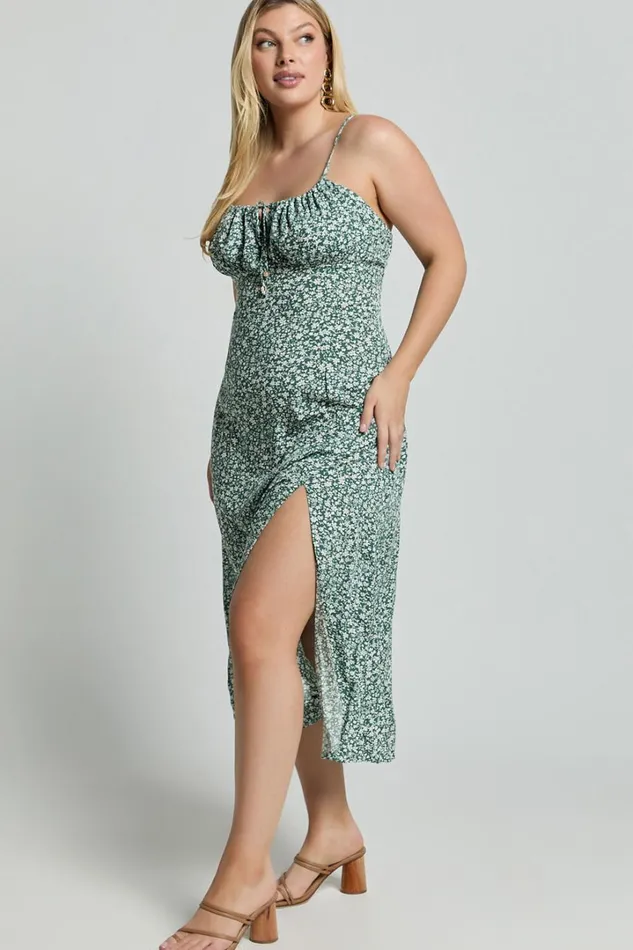 Willa Midi Dress 8211 Ruched Bust Thigh Split Dress In Olive Floral Women Showpo Curve Clothes