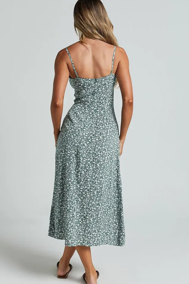 Willa Midi Dress 8211 Ruched Bust Thigh Split Dress In Olive Floral Women Showpo Curve Clothes