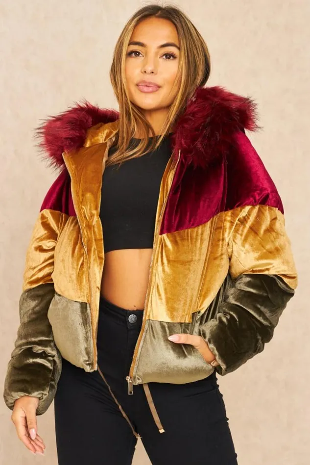 Women 3 Colour Burgundy Velvet Puffer Jacket Brentiny Paris Parkas And Down Jackets