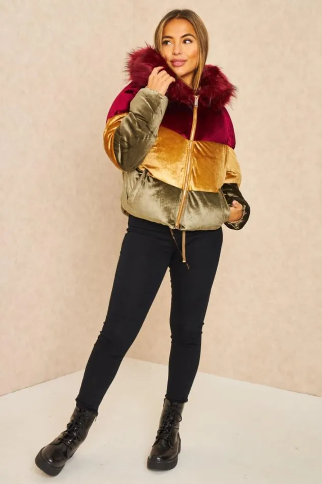 Women 3 Colour Burgundy Velvet Puffer Jacket Brentiny Paris Parkas And Down Jackets