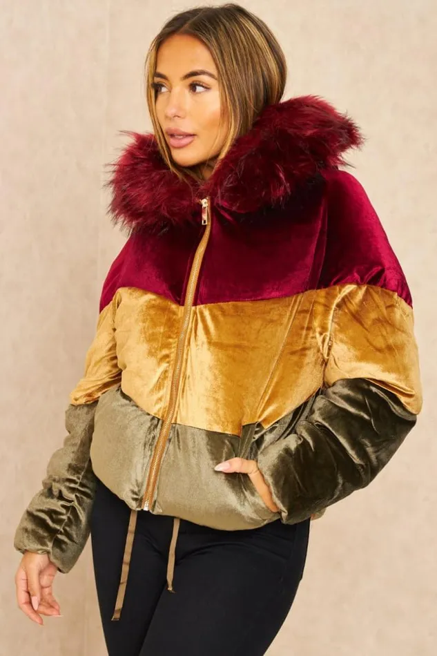 Women 3 Colour Burgundy Velvet Puffer Jacket Brentiny Paris Parkas And Down Jackets