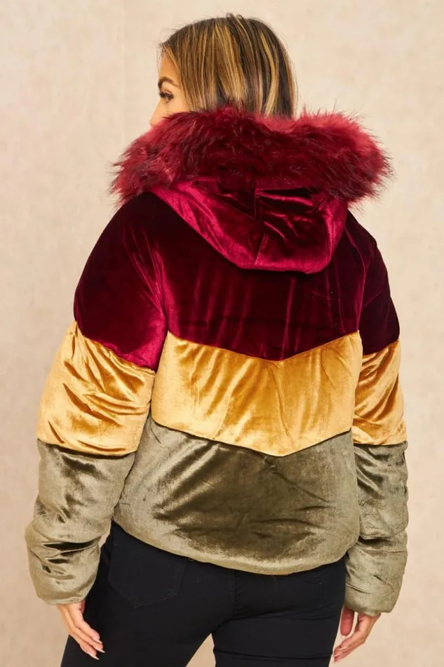 Women 3 Colour Burgundy Velvet Puffer Jacket Brentiny Paris Parkas And Down Jackets