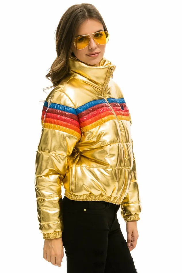 Women 5 STRIPE LUXE APRES PUFFER JACKET 8211 GLOSSY GOLD Aviator Nation Outerwear Women 5 STRIPE LUXE APRES PUFFER JACKET 8211 GLOSSY GOLD Aviator Nation Outerwear