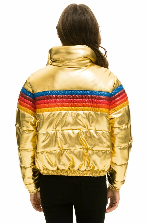 Women 5 STRIPE LUXE APRES PUFFER JACKET 8211 GLOSSY GOLD Aviator Nation Outerwear Women 5 STRIPE LUXE APRES PUFFER JACKET 8211 GLOSSY GOLD Aviator Nation Outerwear