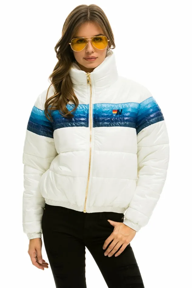 Women 5 STRIPE LUXE APRES PUFFER JACKET 8211 GLOSSY WHITE BLUE STRIPES Aviator Nation Outerwear Women 5 STRIPE LUXE APRES PUFFER JACKET 8211 GLOSSY WHITE BLUE STRIPES Aviator Nation Outerwear