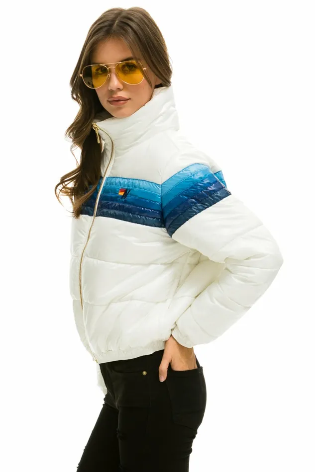 Women 5 STRIPE LUXE APRES PUFFER JACKET 8211 GLOSSY WHITE BLUE STRIPES Aviator Nation Outerwear Women 5 STRIPE LUXE APRES PUFFER JACKET 8211 GLOSSY WHITE BLUE STRIPES Aviator Nation Outerwear