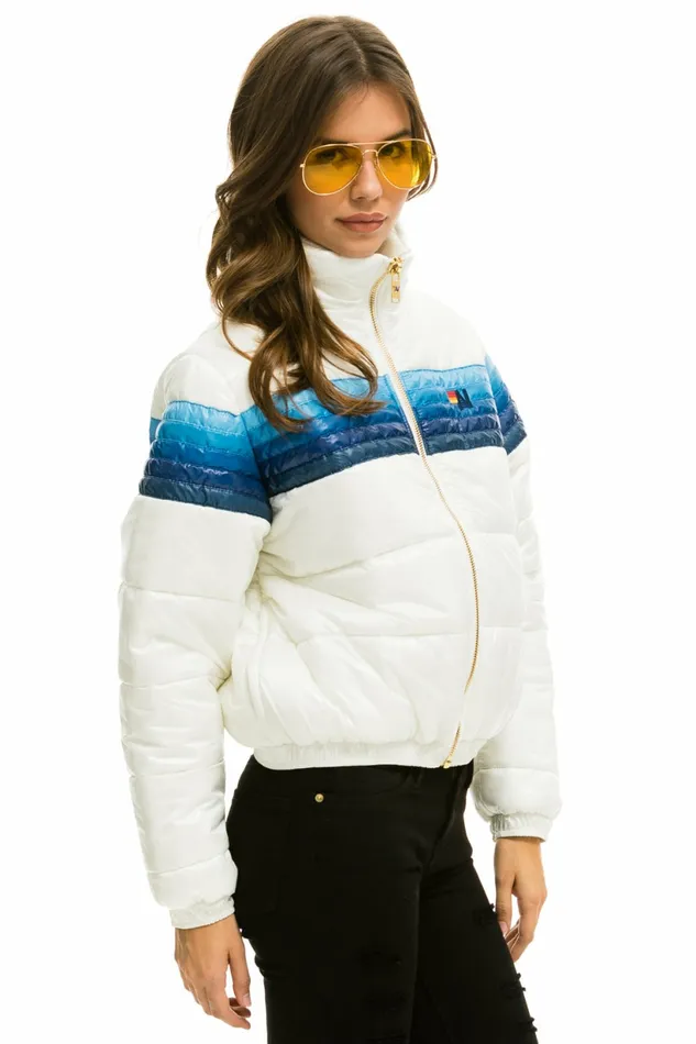 Women 5 STRIPE LUXE APRES PUFFER JACKET 8211 GLOSSY WHITE BLUE STRIPES Aviator Nation Outerwear Women 5 STRIPE LUXE APRES PUFFER JACKET 8211 GLOSSY WHITE BLUE STRIPES Aviator Nation Outerwear