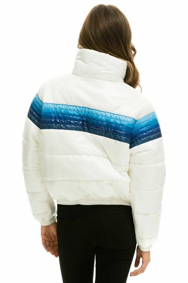 Women 5 STRIPE LUXE APRES PUFFER JACKET 8211 GLOSSY WHITE BLUE STRIPES Aviator Nation Outerwear Women 5 STRIPE LUXE APRES PUFFER JACKET 8211 GLOSSY WHITE BLUE STRIPES Aviator Nation Outerwear