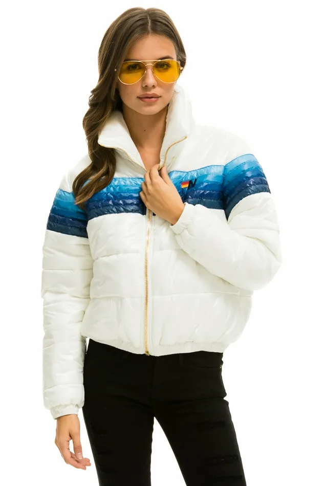 Women 5 STRIPE LUXE APRES PUFFER JACKET 8211 GLOSSY WHITE BLUE STRIPES Aviator Nation Outerwear Women 5 STRIPE LUXE APRES PUFFER JACKET 8211 GLOSSY WHITE BLUE STRIPES Aviator Nation Outerwear