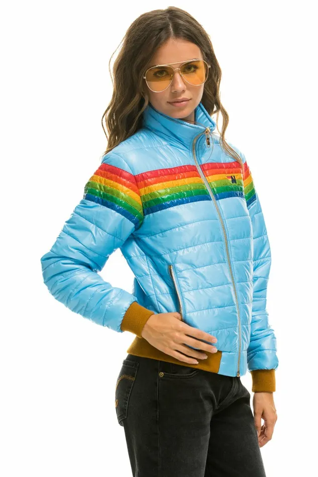 Women 6 STRIPE RAINBOW SLEEVE JACKET 8211 GLOSSY SKY Aviator Nation Outerwear Women 6 STRIPE RAINBOW SLEEVE JACKET 8211 GLOSSY SKY Aviator Nation Outerwear