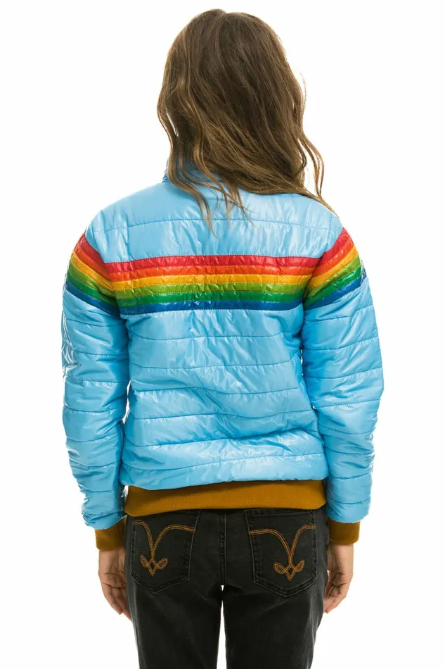 Women 6 STRIPE RAINBOW SLEEVE JACKET 8211 GLOSSY SKY Aviator Nation Outerwear Women 6 STRIPE RAINBOW SLEEVE JACKET 8211 GLOSSY SKY Aviator Nation Outerwear