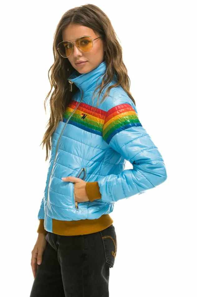 Women 6 STRIPE RAINBOW SLEEVE JACKET 8211 GLOSSY SKY Aviator Nation Outerwear Women 6 STRIPE RAINBOW SLEEVE JACKET 8211 GLOSSY SKY Aviator Nation Outerwear