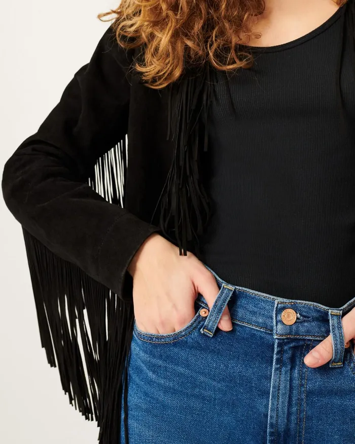 Women 7 For All Mankind Jackets 038 Coats Fringe Suede Crop Jacket In Jet Black