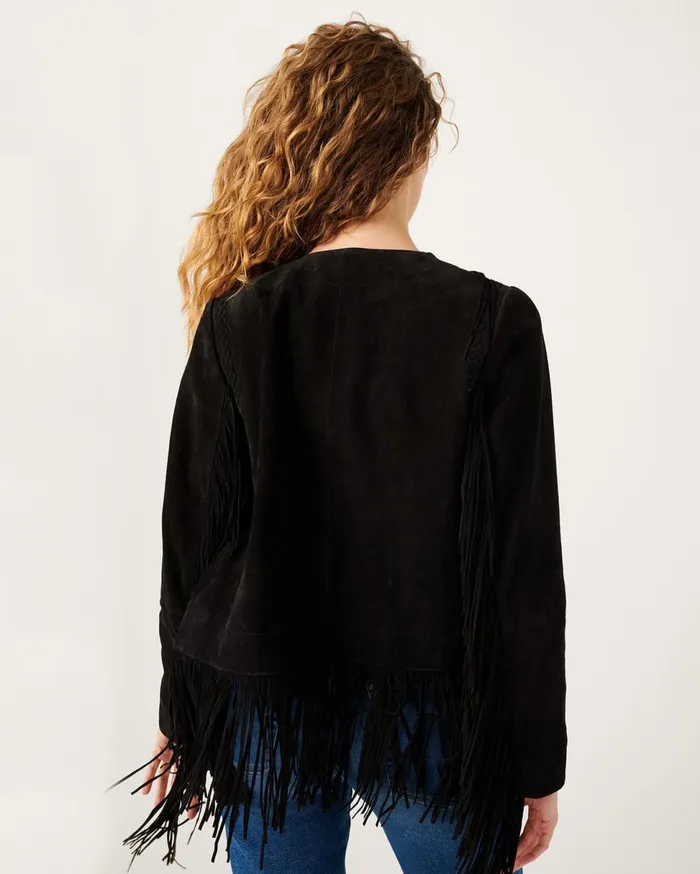 Women 7 For All Mankind Jackets 038 Coats Fringe Suede Crop Jacket In Jet Black