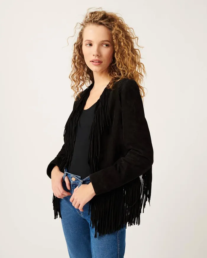 Women 7 For All Mankind Jackets 038 Coats Fringe Suede Crop Jacket In Jet Black