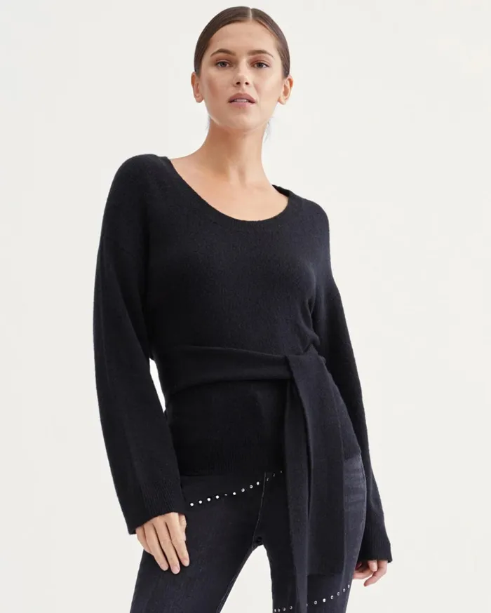 Women 7 For All Mankind Sweaters Touch Of Cashmere Tie Waist Sweater In Jet Black